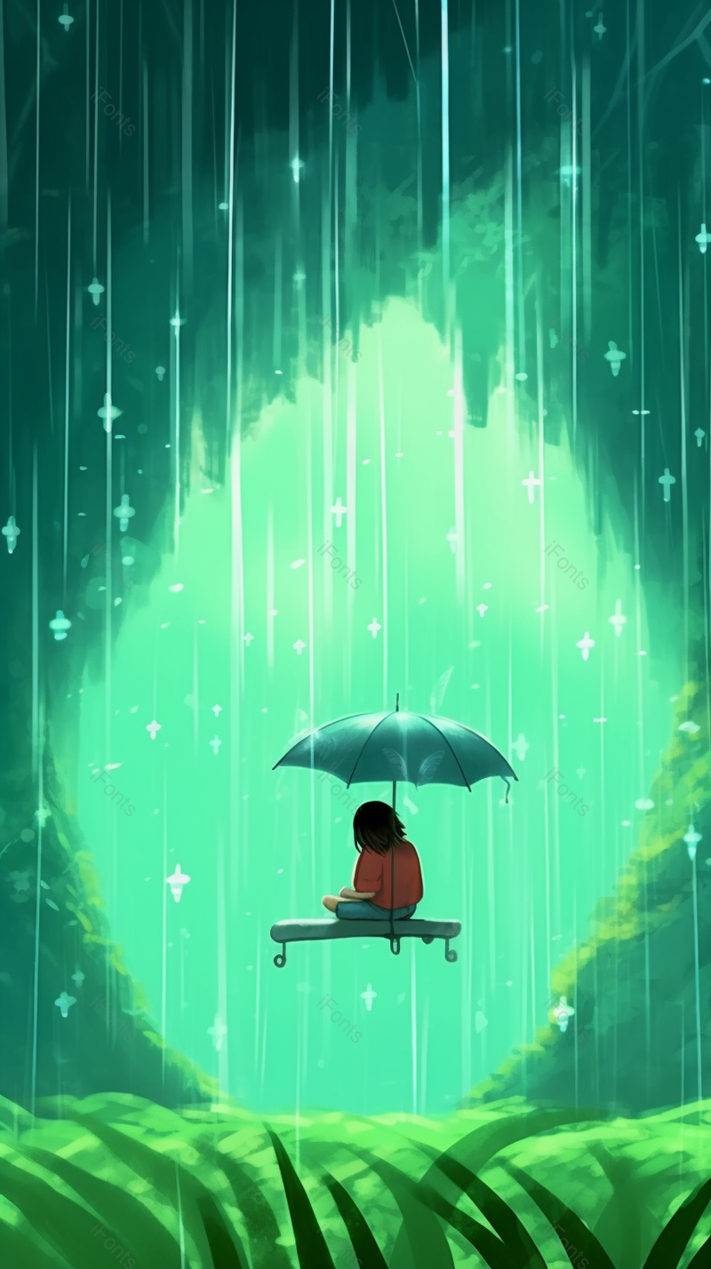 绿色背景下雨天撑伞女孩坐在秋千上插画手绘,插画/手绘图,插画/手绘图库,插画/手绘图下载,插画/手绘